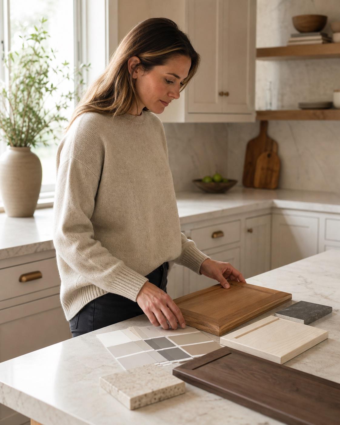 A homeowner thoughtfully comparing cabinet door, wood, stone, and paint samples in a warm kitchen