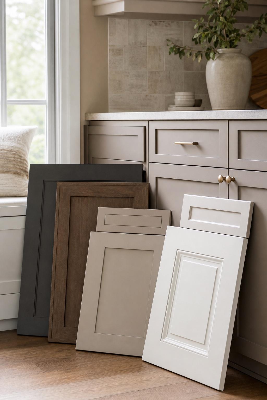 Several cabinet door and drawer-front styles arranged beside existing cabinetry