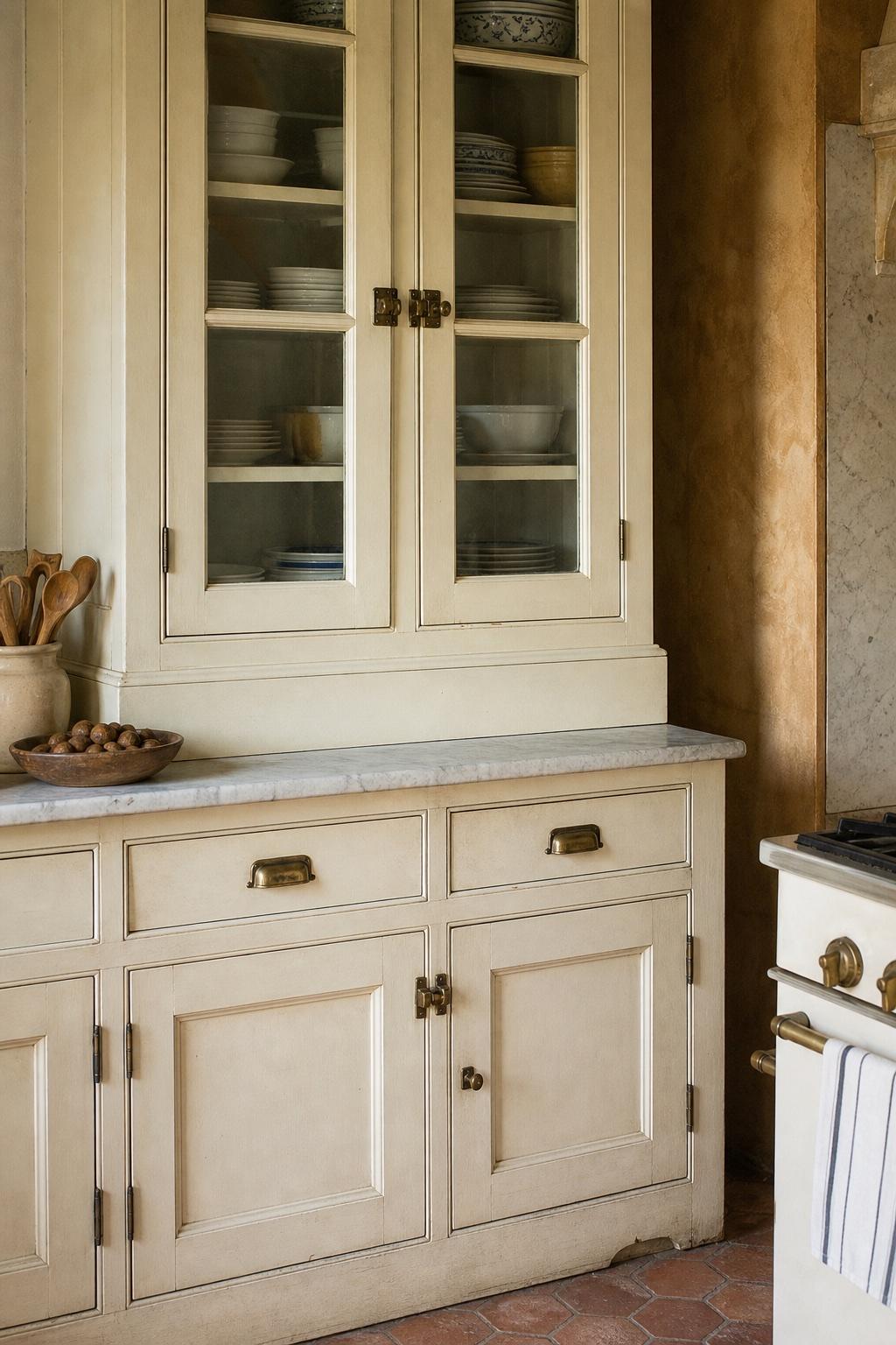 Character-rich original cabinetry with aged brass hardware and a gentle patina